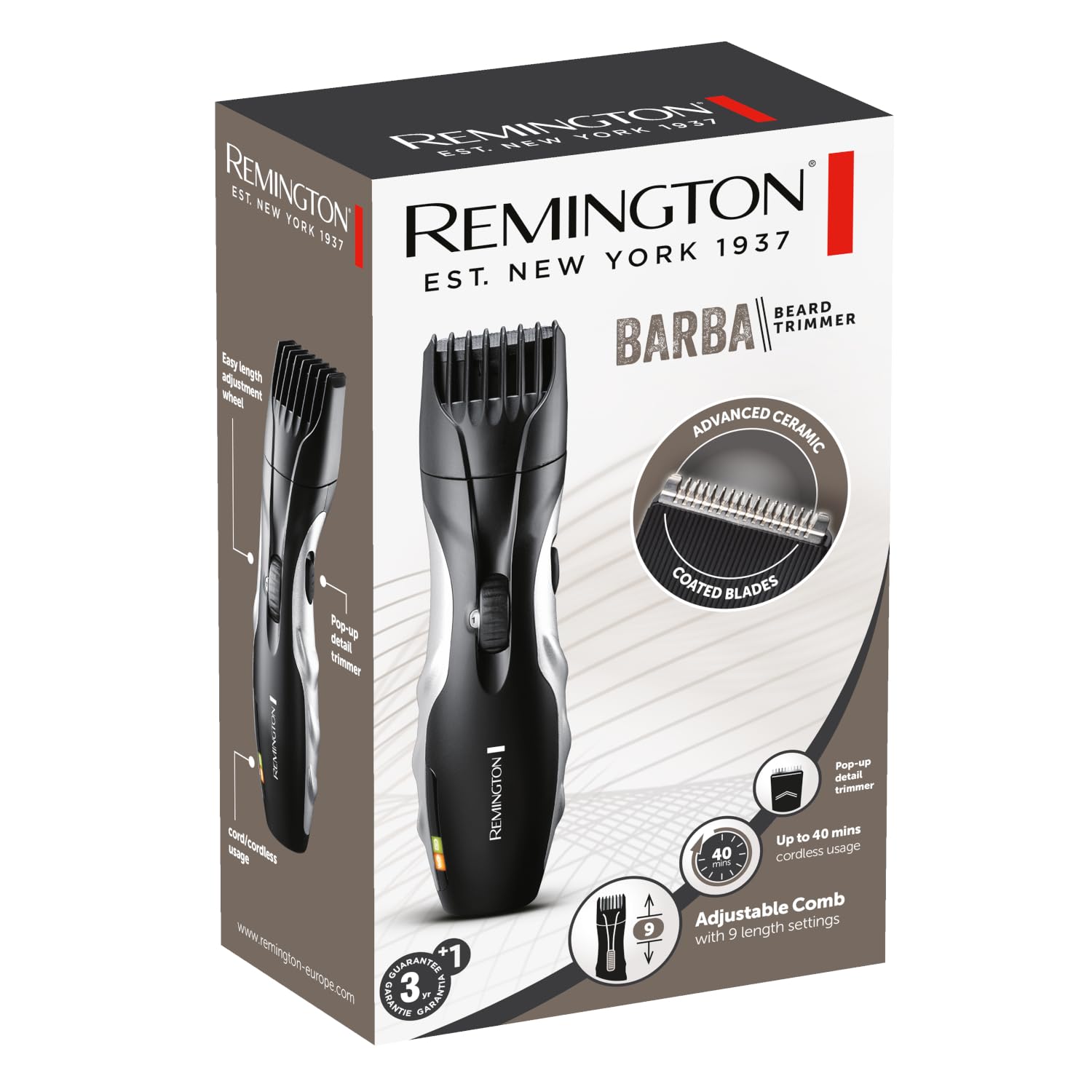 Remington Barba Beard Trimmer MB320C - Cordless/Corded, 9 Lengths, Pop-up Trimmer, Advanced Ceramic Blades - Damaged Box