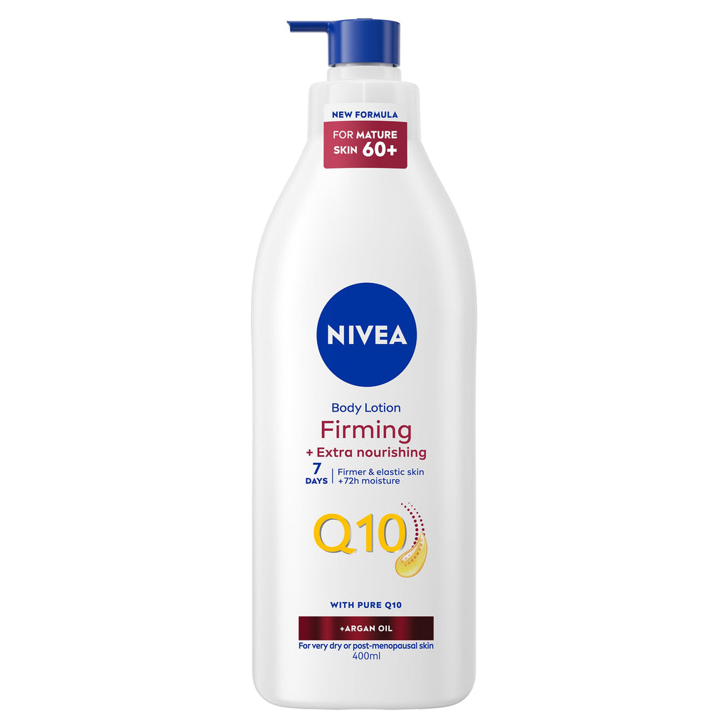 NIVEA Q10 60+ Mature Skin Body Lotion 400ml — Firming Cream with Argan Oil — 72H Moisturising for Ageing Skin