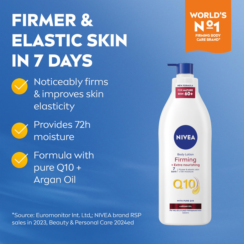 NIVEA Q10 60+ Mature Skin Body Lotion 400ml — Firming Cream with Argan Oil — 72H Moisturising for Ageing Skin