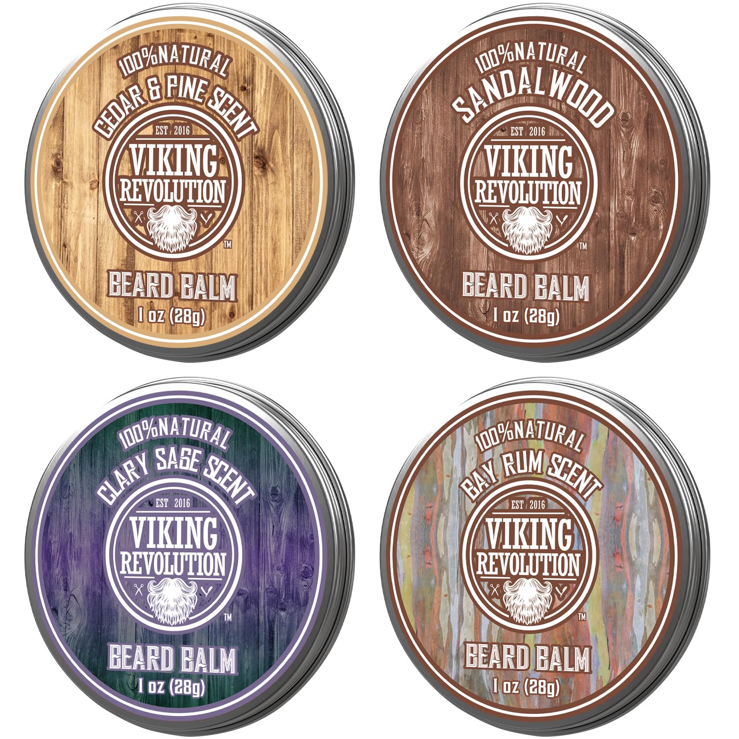Viking Revolution Beard Balm Variety Pack 4 x 28g Sandalwood Pine Cedar Bay Rum Clary Sage Styling Wax and Softener Gift Set for Men