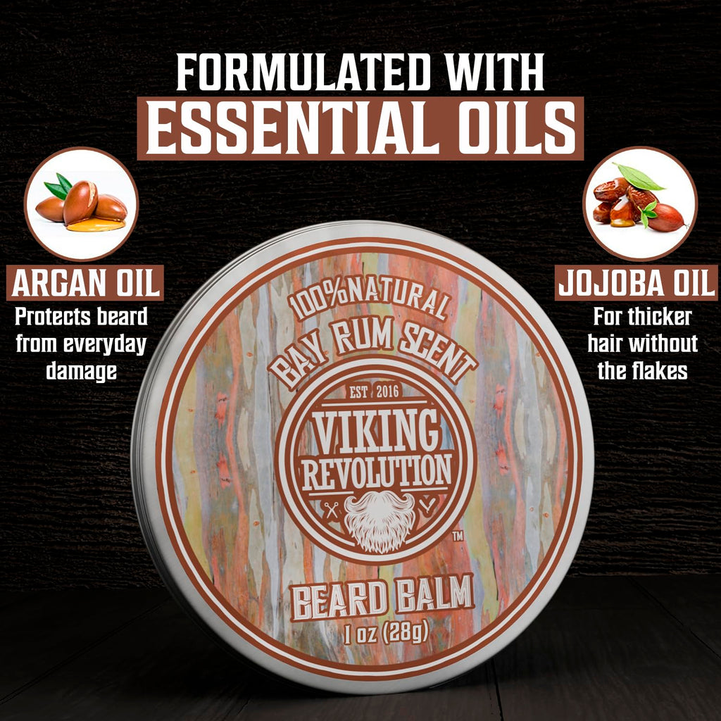 Viking Revolution Beard Balm Variety Pack 4 x 28g Sandalwood Pine Cedar Bay Rum Clary Sage Styling Wax and Softener Gift Set for Men