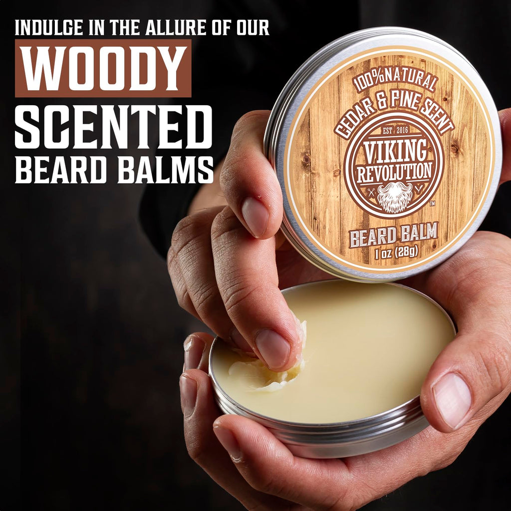 Viking Revolution Beard Balm Variety Pack 4 x 28g Sandalwood Pine Cedar Bay Rum Clary Sage Styling Wax and Softener Gift Set for Men