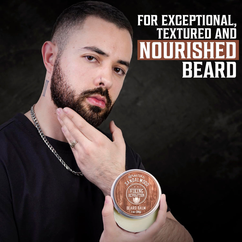 Viking Revolution Beard Balm Variety Pack 4 x 28g Sandalwood Pine Cedar Bay Rum Clary Sage Styling Wax and Softener Gift Set for Men