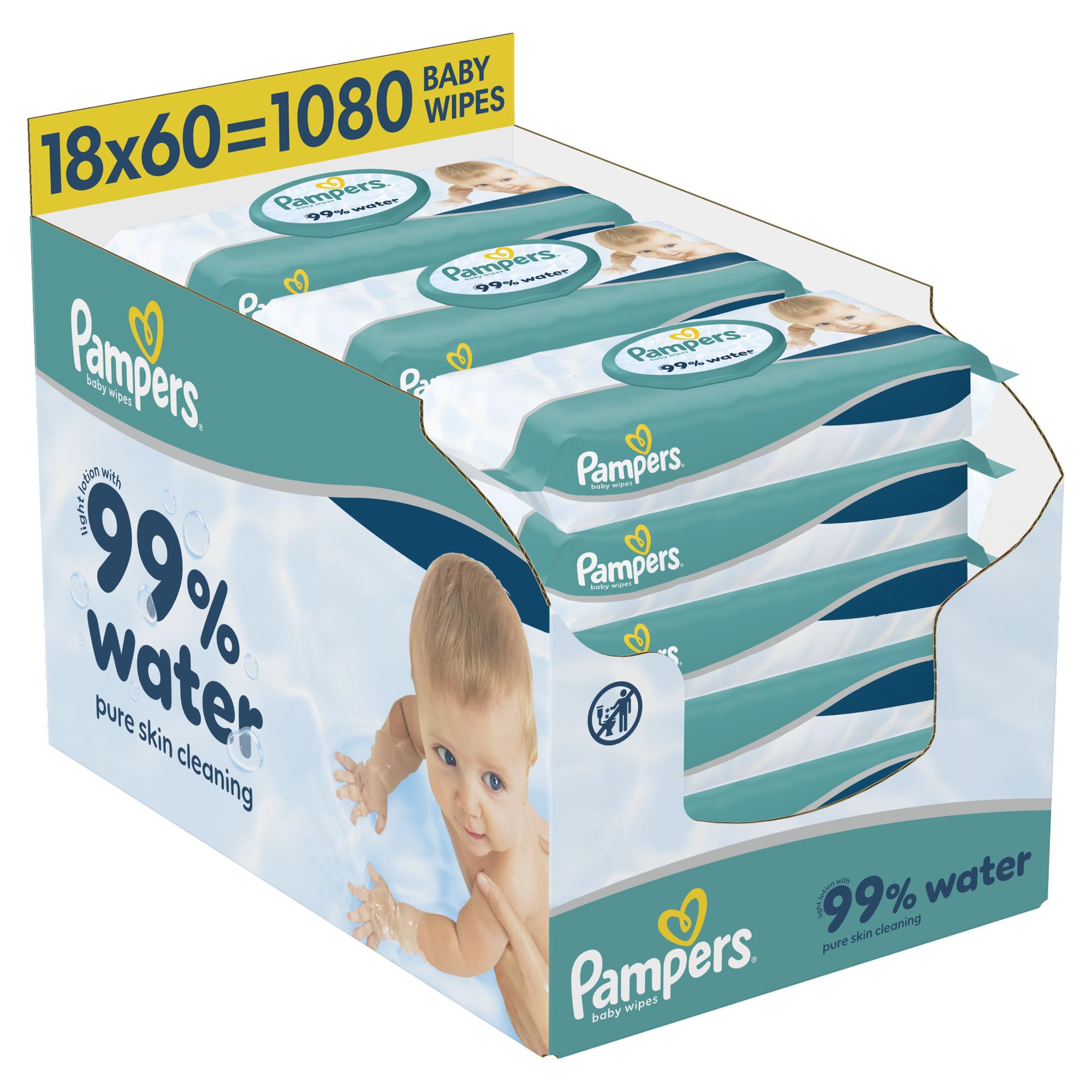 Pampers 99% Water Baby Wipes - Plastic Free, 18 Packs x 60 (1080 Wipes) - Light Lotion, Fragrance-Free - Damaged Box - BBE 07/2028