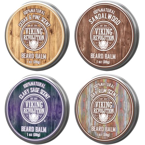Viking Revolution Beard Balm Variety Pack 4 x 28g Sandalwood Pine Cedar Bay Rum Clary Sage Styling Wax and Softener Gift Set for Men
