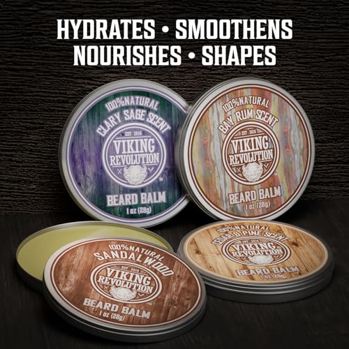 Viking Revolution Beard Balm Variety Pack 4 x 28g Sandalwood Pine Cedar Bay Rum Clary Sage Styling Wax and Softener Gift Set for Men