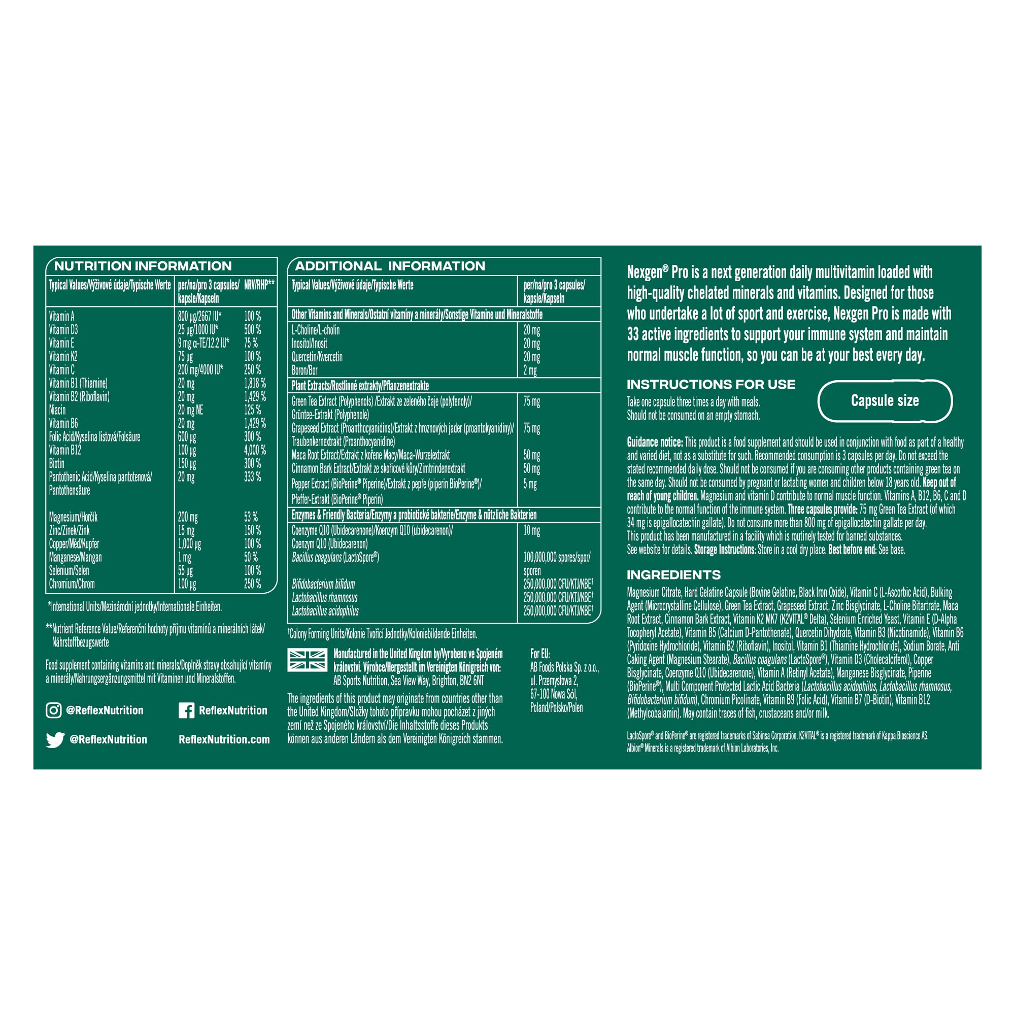 Reflex Nutrition Nexgen Pro Multivitamin & Mineral - 90 Capsules for Immune Support, Vitamin D Magnesium C Zinc - BBE 01/2028