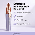 VOGCREST 2-in-1 Rechargeable Facial Hair Remover & Eyebrow Trimmer - Painless Face, Lip, Body Shaver with LED Light, Purple - Damaged Box