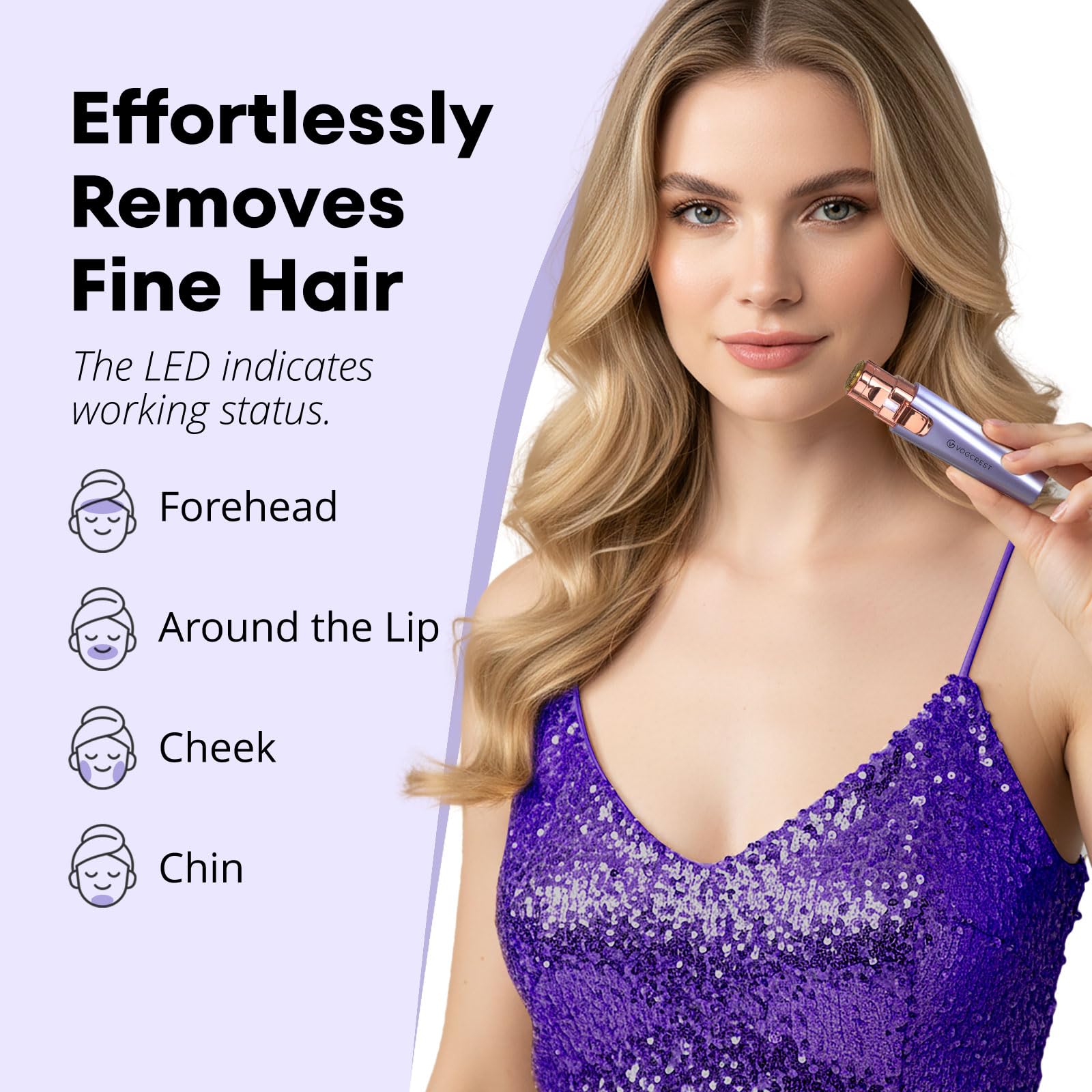 VOGCREST 2-in-1 Rechargeable Facial Hair Remover & Eyebrow Trimmer - Painless Face, Lip, Body Shaver with LED Light, Purple - Damaged Box