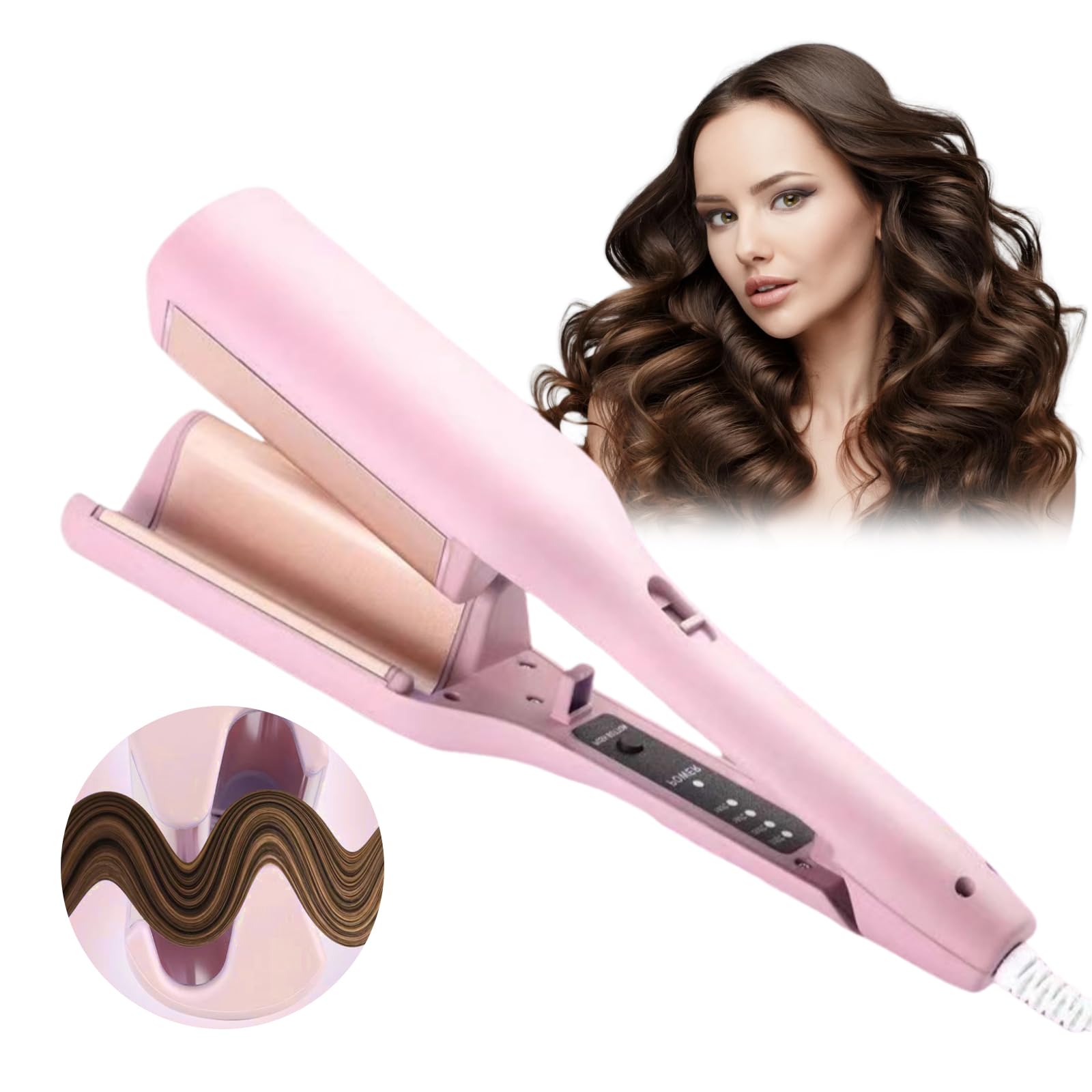 French Wave Curling Iron Crimper 32mm - Double Barrel Hair Waver Wand - Pink Deep Crimpers for Mermaid Beach Hair - Like New