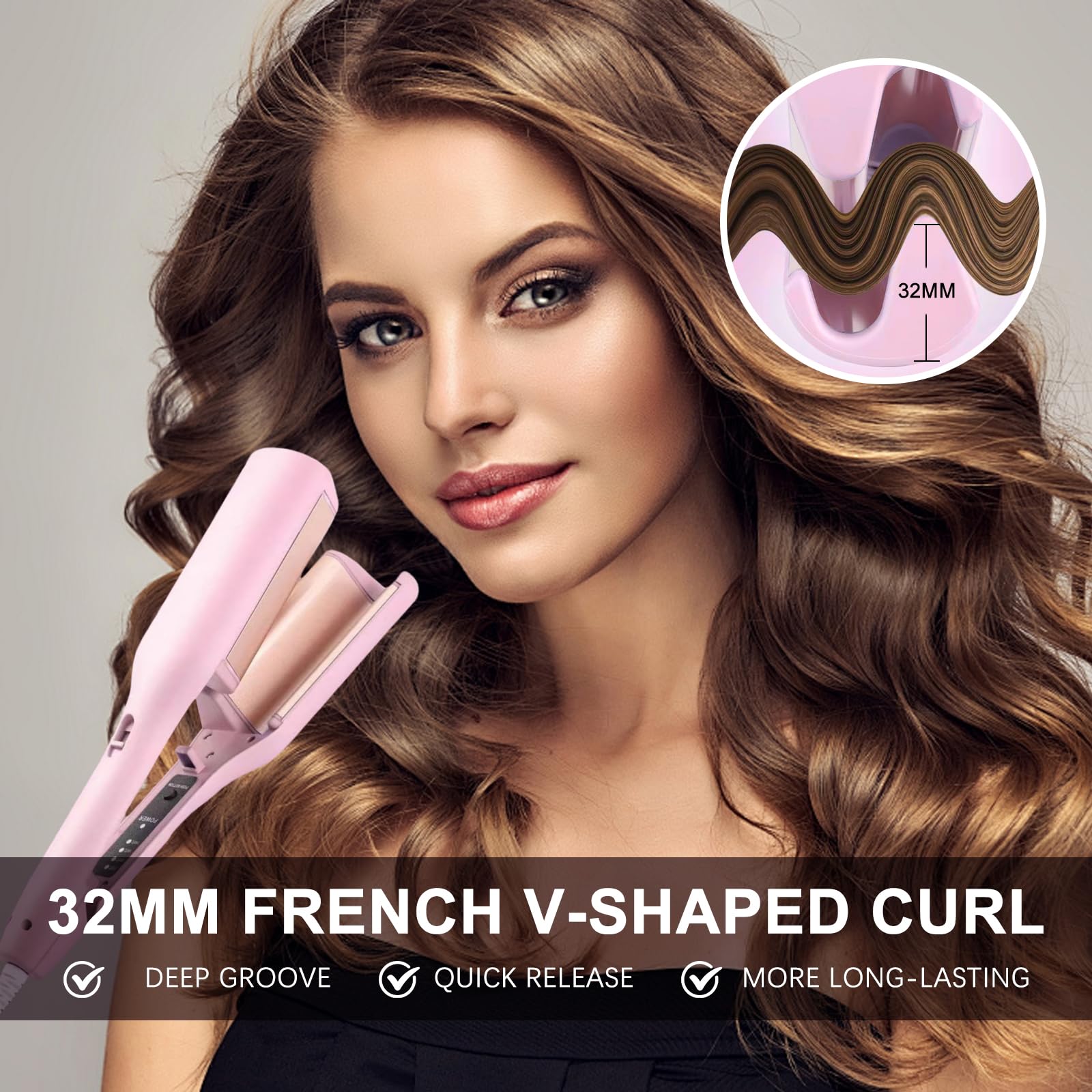 French Wave Curling Iron Crimper 32mm - Double Barrel Hair Waver Wand - Pink Deep Crimpers for Mermaid Beach Hair - Like New
