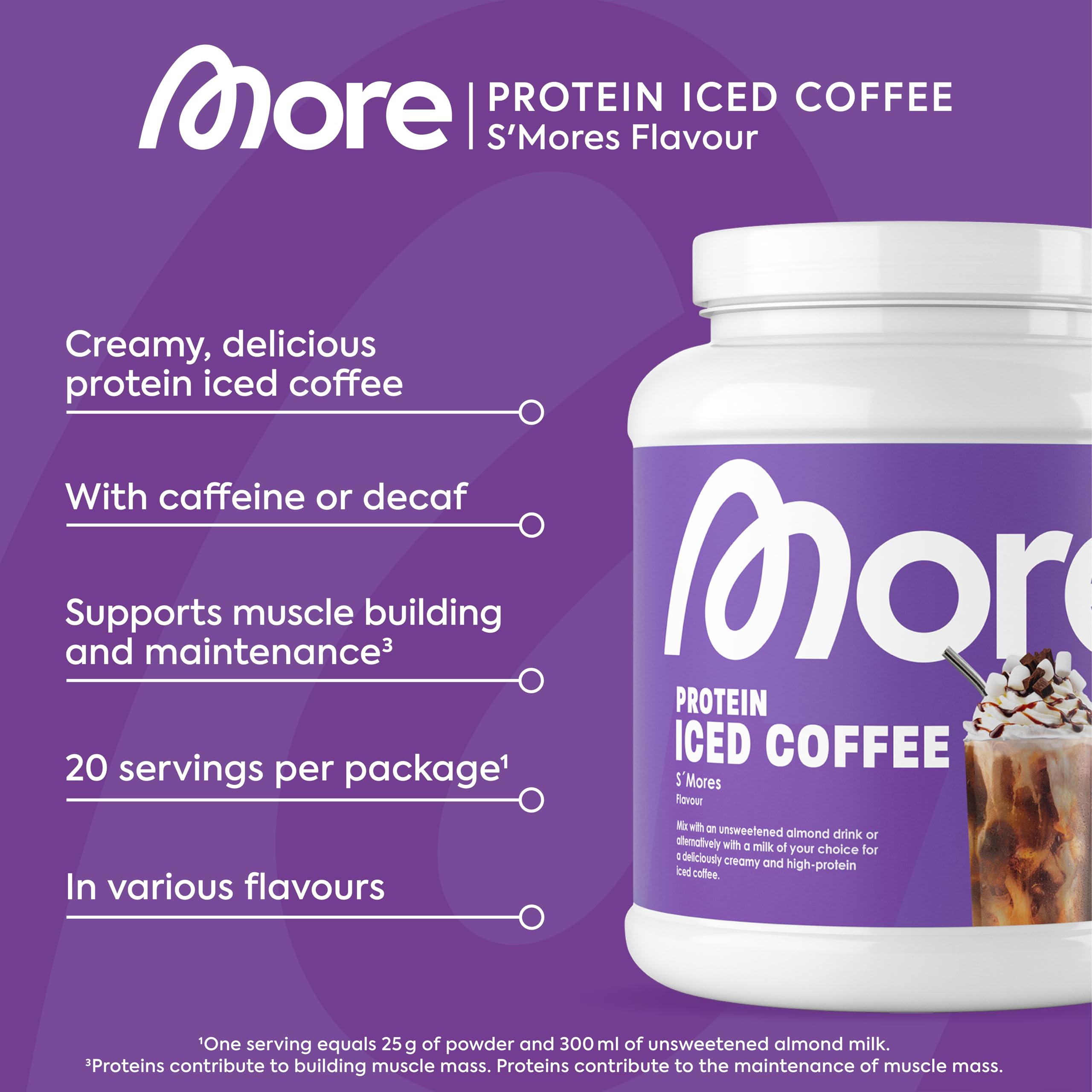 More Protein Iced Coffee S'Mores 500g - 20 Servings Protein Powder with Instant Coffee - Low Sugar & Fat - BBE 01/2027