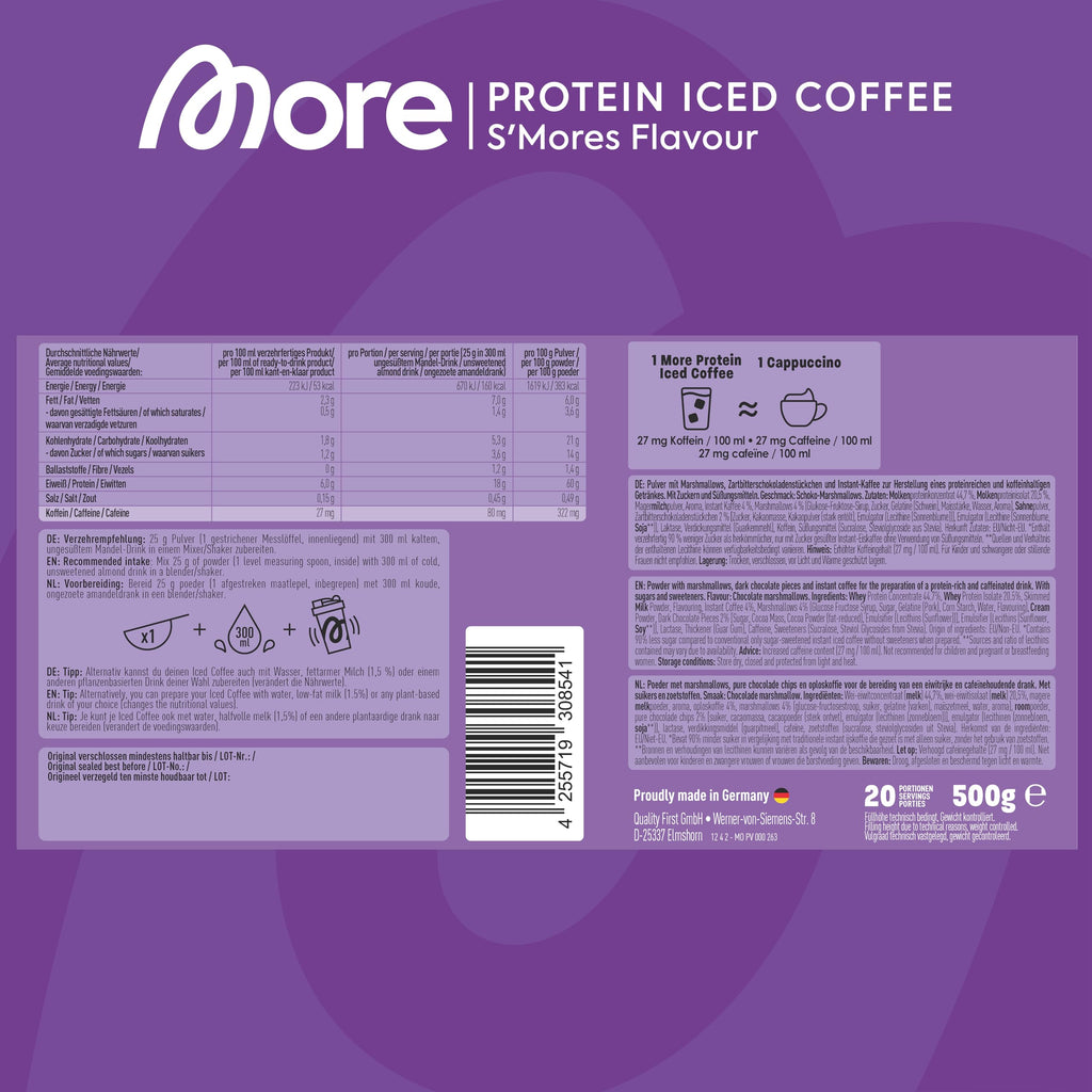 More Protein Iced Coffee S'Mores 500g - 20 Servings Protein Powder with Instant Coffee - Low Sugar & Fat - BBE 01/2027