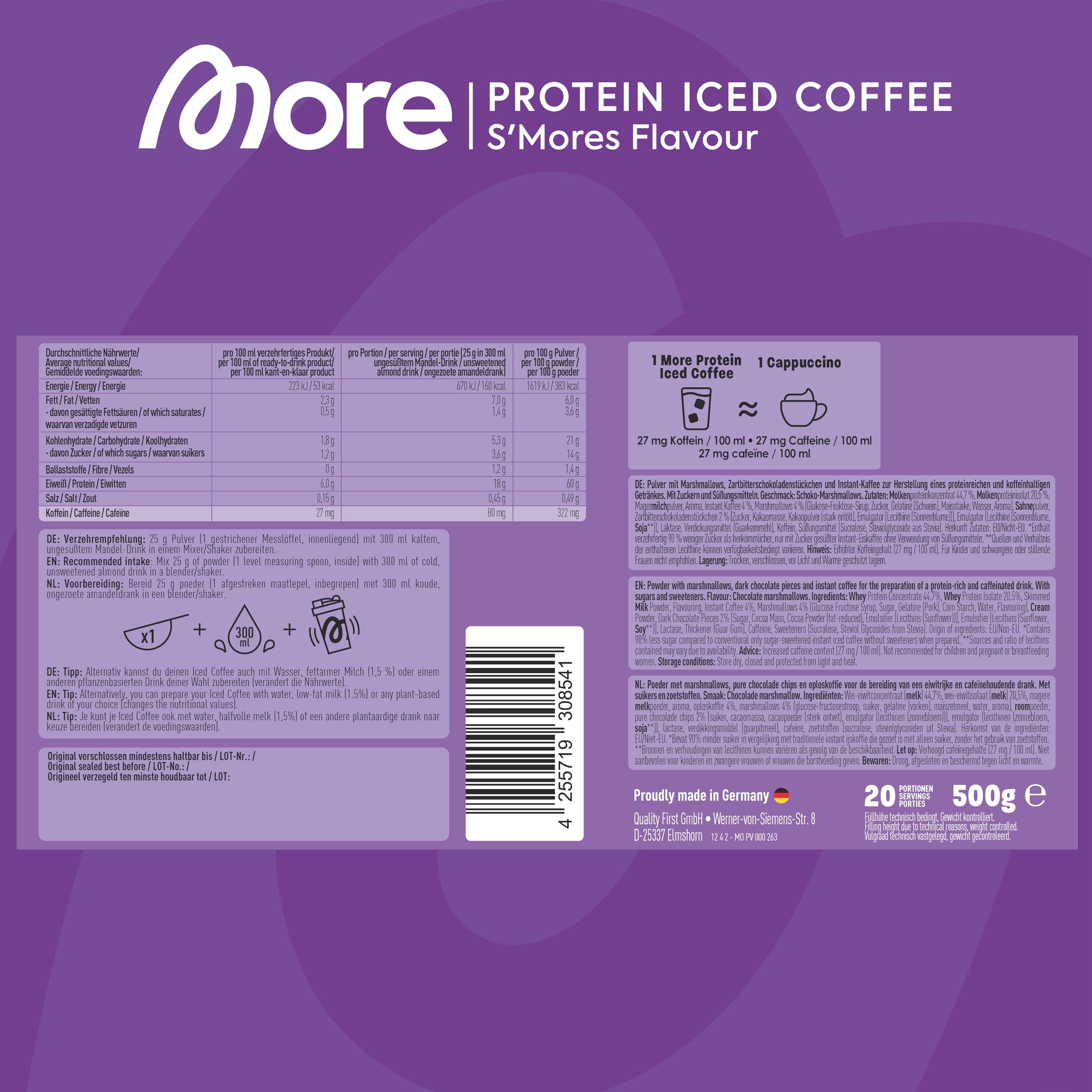 More Protein Iced Coffee S'Mores 500g - 20 Servings Protein Powder with Instant Coffee - Low Sugar & Fat - BBE 01/2027