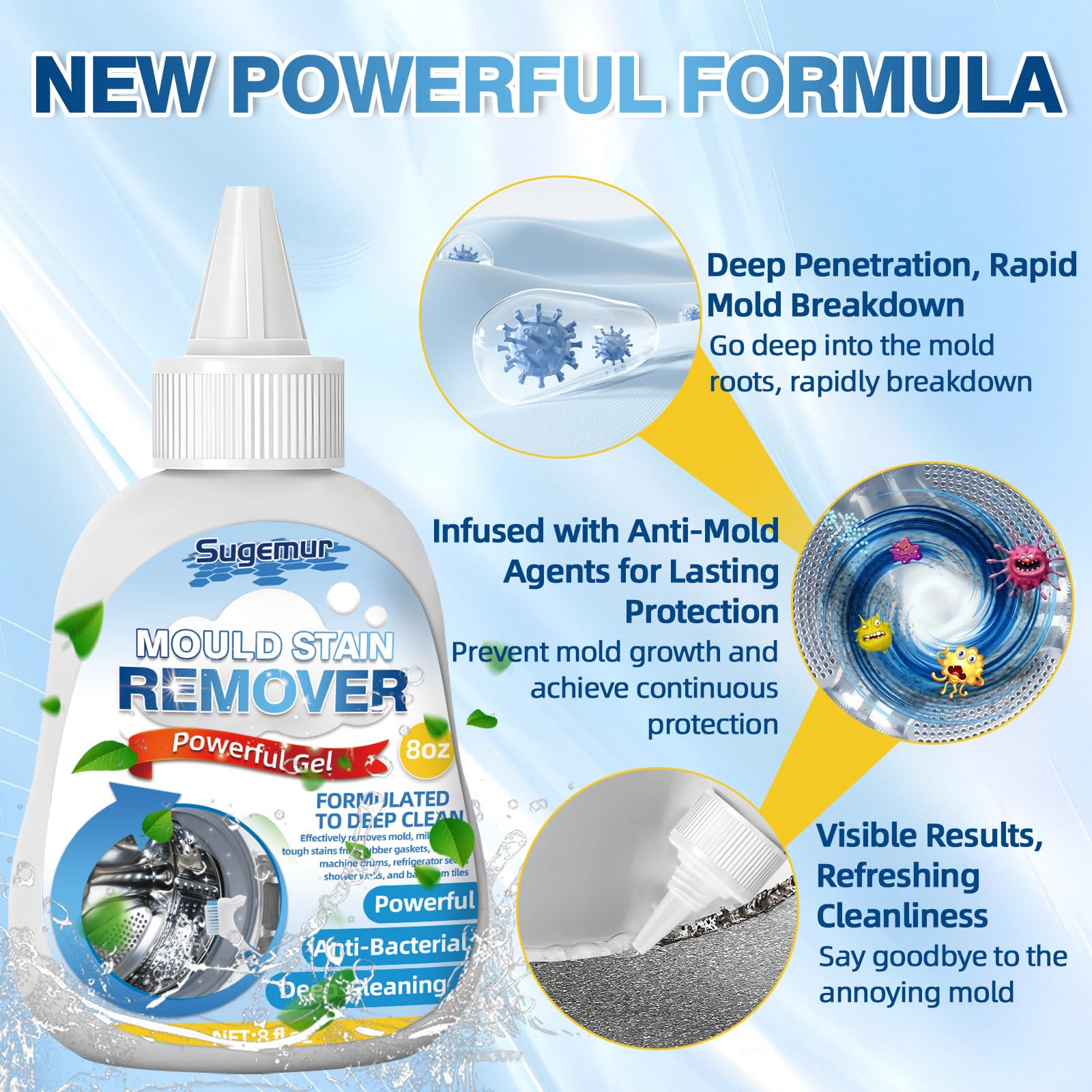 Sugemur Mould Remover Extreme Gel - 8 fl oz - Large Capacity for Washing Machine Seals, Grout, Shower, Caulk, Rubber Gaskets - Damaged Box