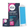 Veet Expert Cold Wax Strips 40 Count + 4 Wipes - Hair Removal Kit for Legs & Body - Sensitive Skin - Damaged Box