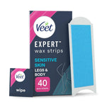 Veet Expert Cold Wax Strips 40 Count + 4 Wipes - Hair Removal Kit for Legs & Body - Sensitive Skin - Damaged Box