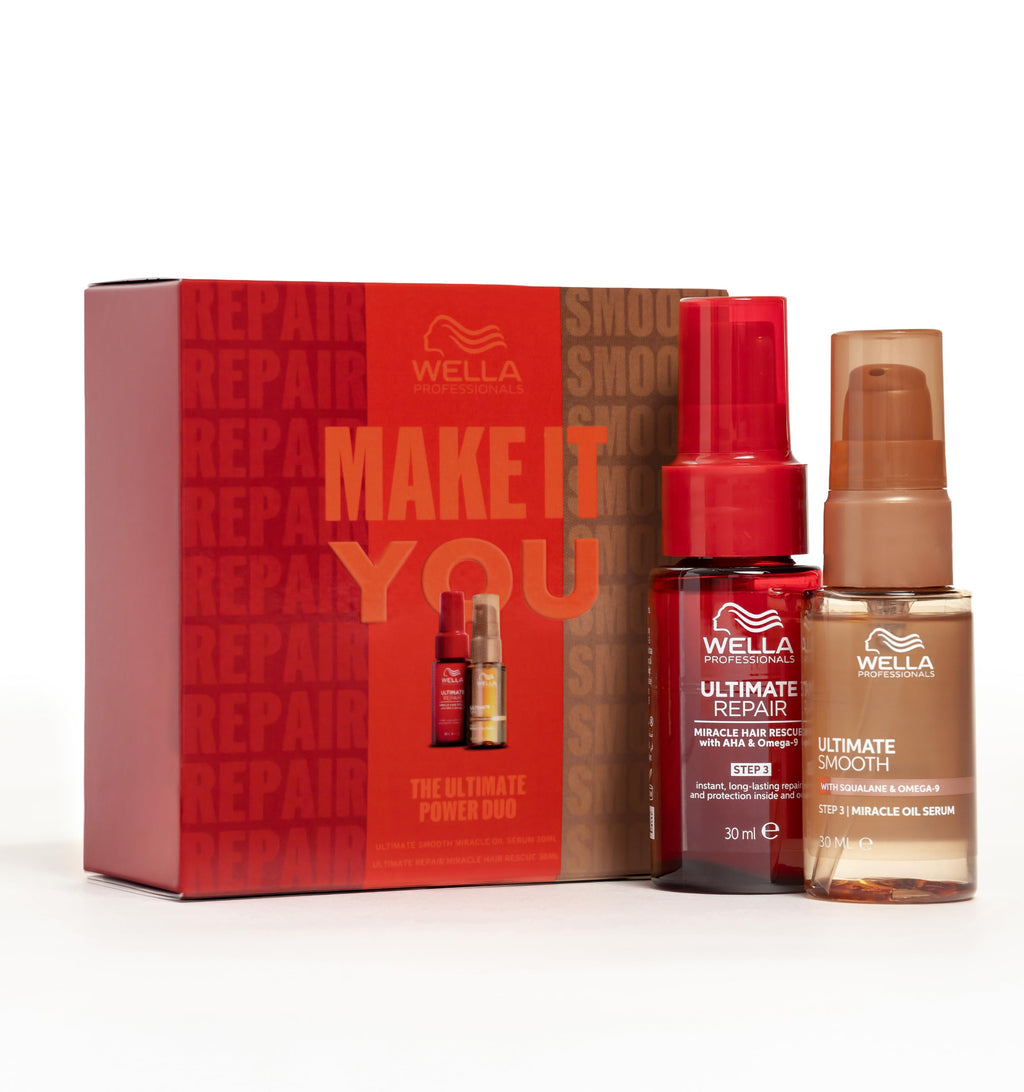 Wella Professionals Ultimate Repair x Smooth Duo Gift Set - Miracle Hair Rescue & Oil Serum - Repairing & Smoothening Hair Care Gift Set with Squalane, AHA & Omega-9 (30ml + 30ml) - Damaged Box