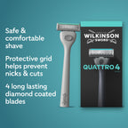 Wilkinson Sword Quattro Men's Razor Value Pack - Diamond Coated 4 Blades, Handle & 5 Refills - Damaged Box
