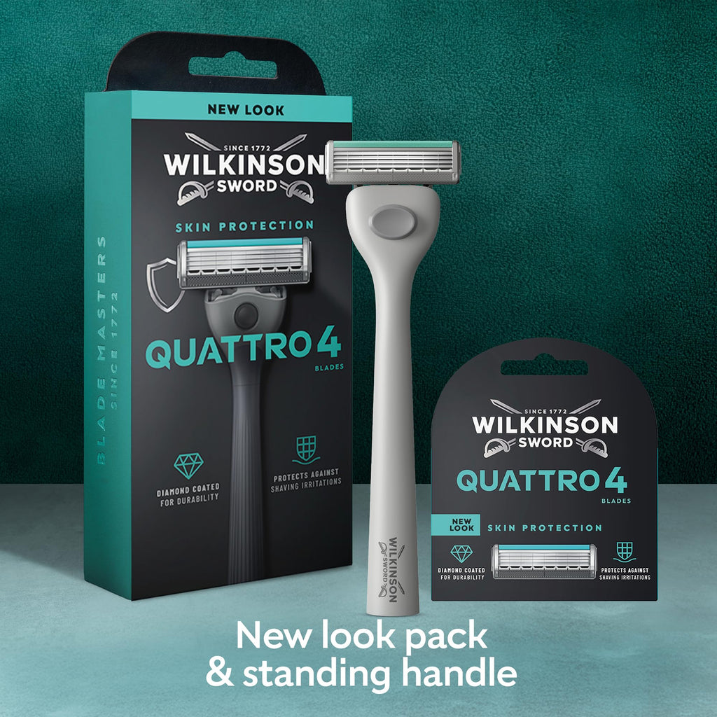 Wilkinson Sword Quattro Men's Razor Value Pack - Diamond Coated 4 Blades, Handle & 5 Refills - Damaged Box