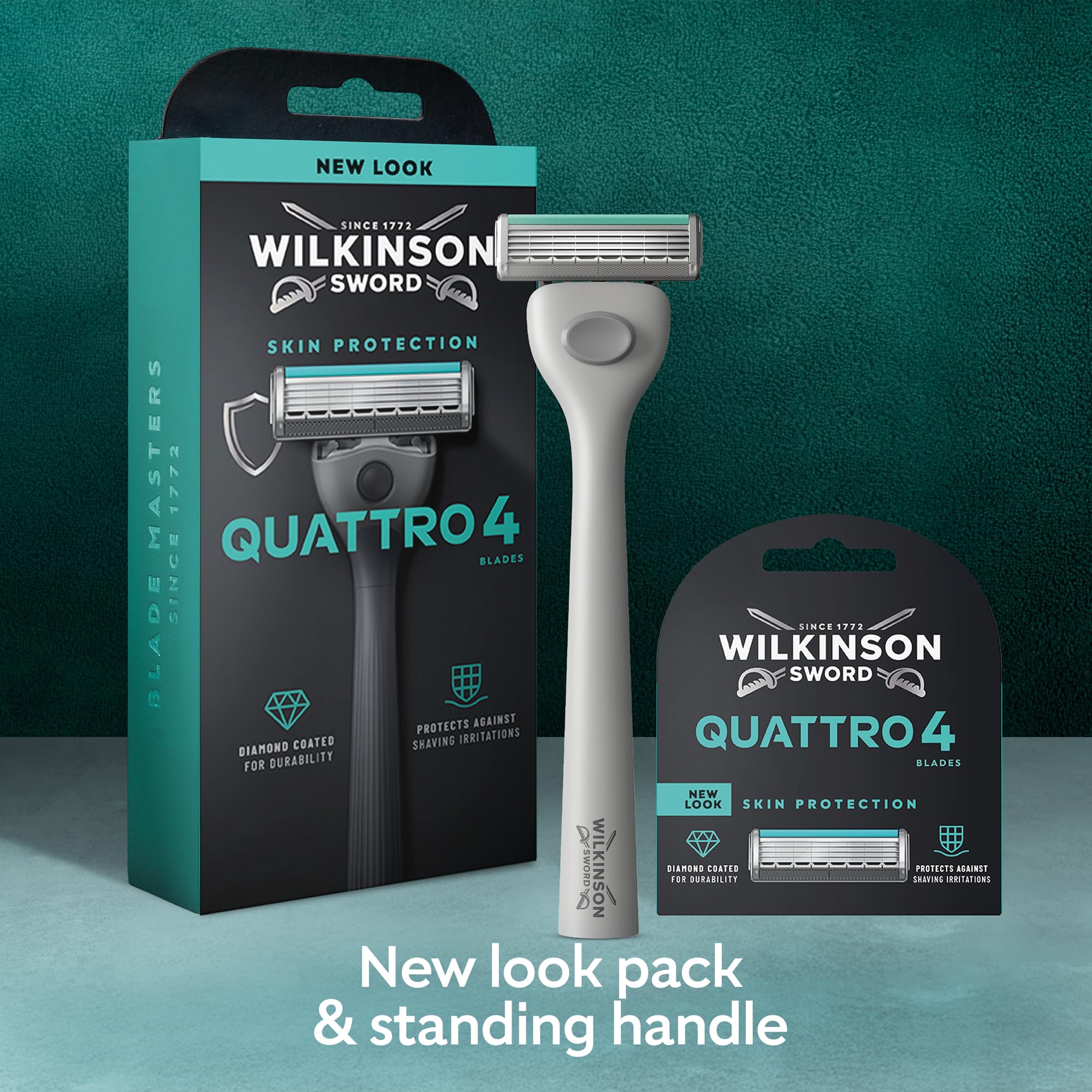 Wilkinson Sword Quattro Men's Razor Value Pack - Diamond Coated 4 Blades, Handle & 5 Refills - Damaged Box