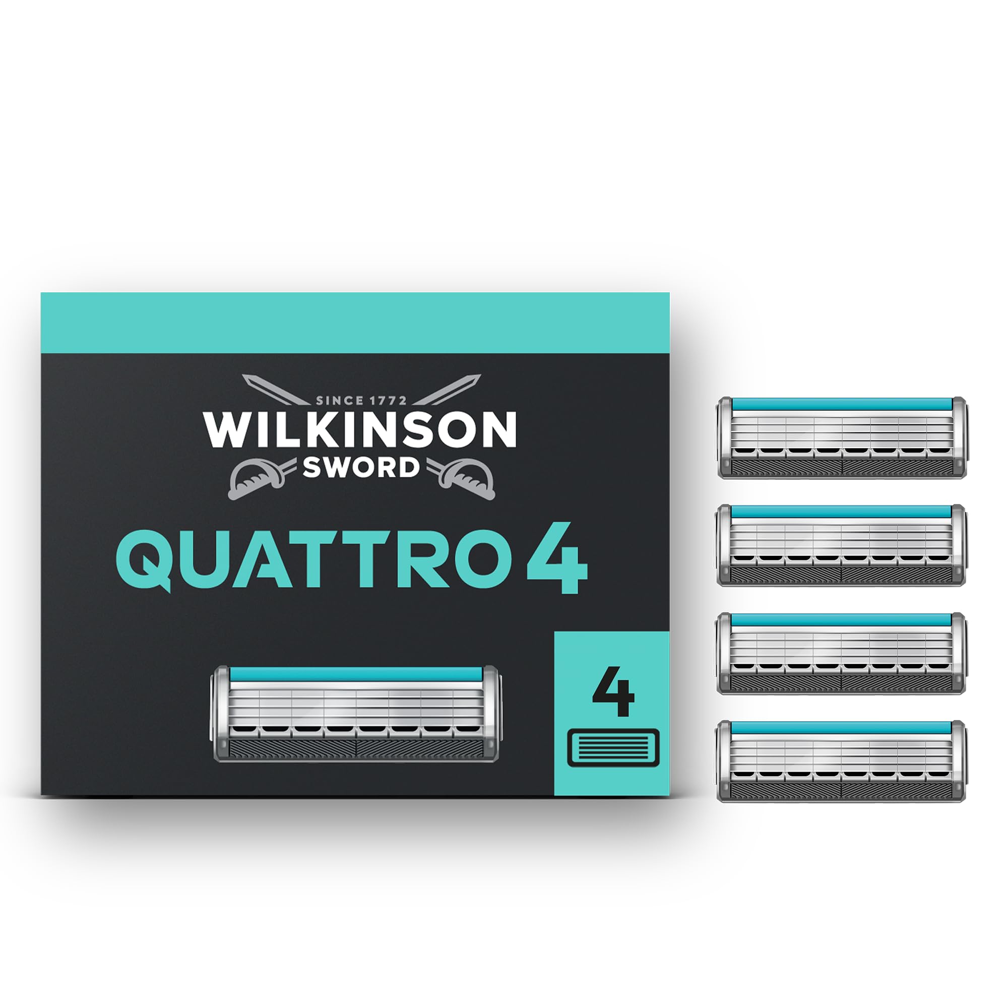 Wilkinson Sword Quattro Men's Razor Value Pack - Diamond Coated 4 Blades, Handle & 5 Refills - Damaged Box