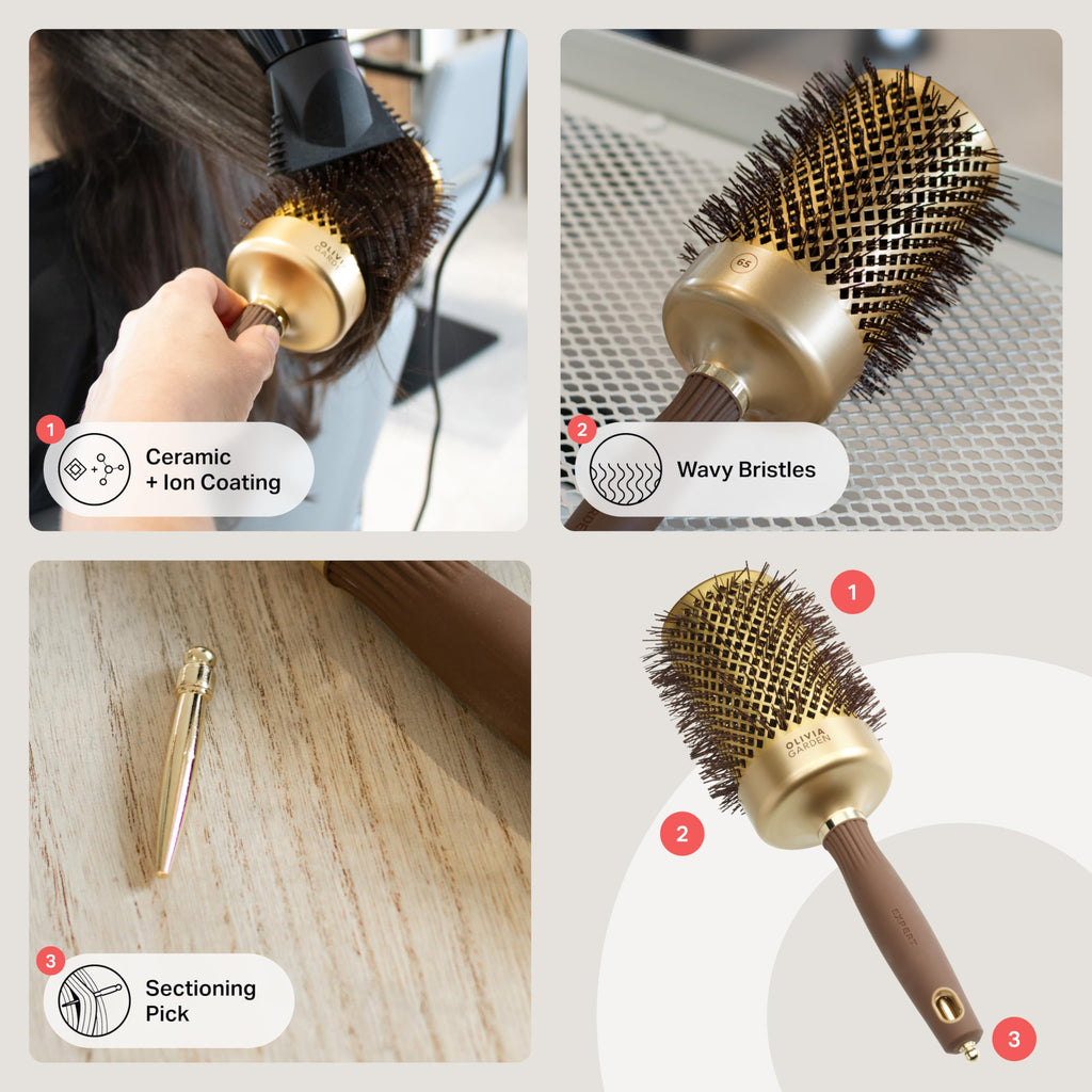 Olivia Garden Expert Blowout Shine - Gold & Brown - 65 - Ceramic Coated Round Brush for Smooth Blowout, Frizz-Free Hair & Radiant Shine