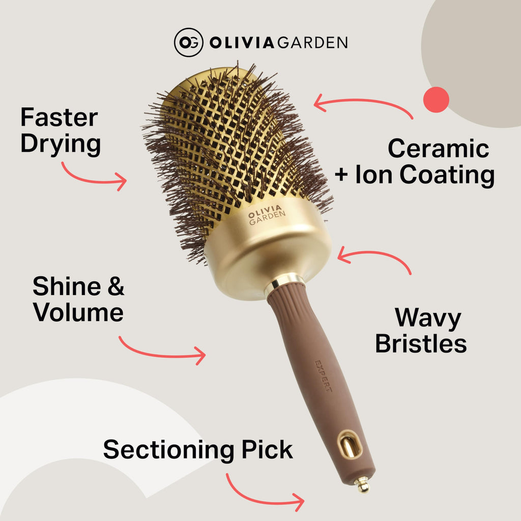 Olivia Garden Expert Blowout Shine - Gold & Brown - 65 - Ceramic Coated Round Brush for Smooth Blowout, Frizz-Free Hair & Radiant Shine