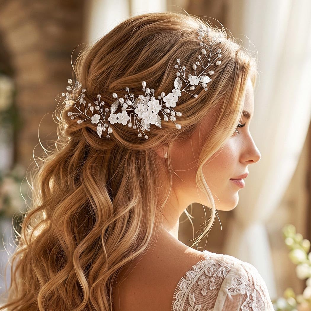 Unicra Flower Wedding Hair Vine Leaf Bridal Headpiece Silver Pearl Hair Accessories for Women Girls