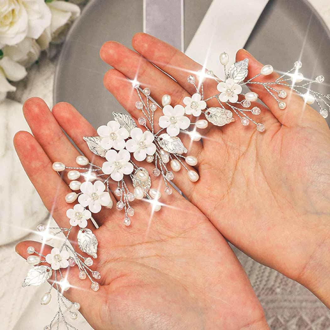 Unicra Flower Wedding Hair Vine Leaf Bridal Headpiece Silver Pearl Hair Accessories for Women Girls