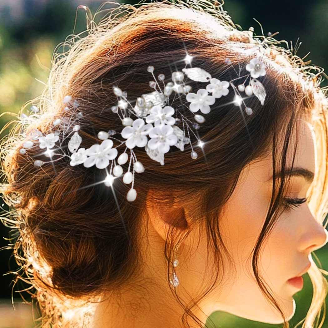 Unicra Flower Wedding Hair Vine Leaf Bridal Headpiece Silver Pearl Hair Accessories for Women Girls
