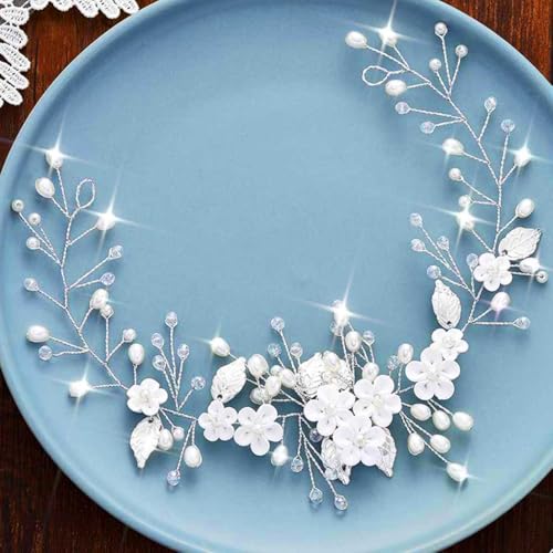 Unicra Flower Wedding Hair Vine Leaf Bridal Headpiece Silver Pearl Hair Accessories for Women Girls