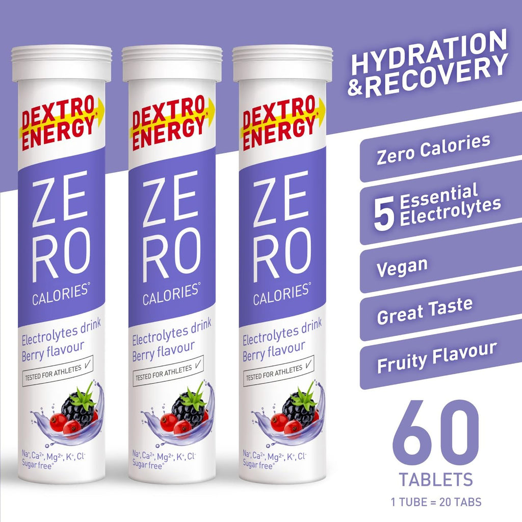 Dextro Energy Zero Calories I Recovery and Hydration Electrolyte Drink I Zero Effervescent Tablets I Berry | 3 Tubes, 60 Tablets | - BBE 05/2026