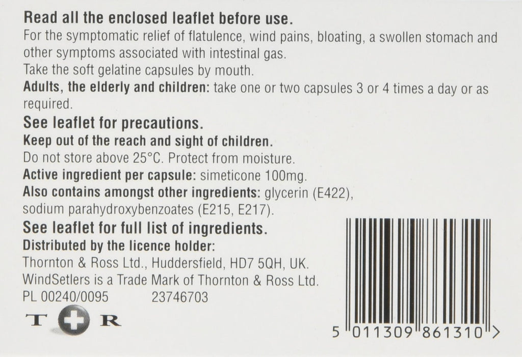 Windsetlers Simeticone 24 Gel Capsules - Flatulence, Trapped Wind & Bloating Relief - BBE 08/2026