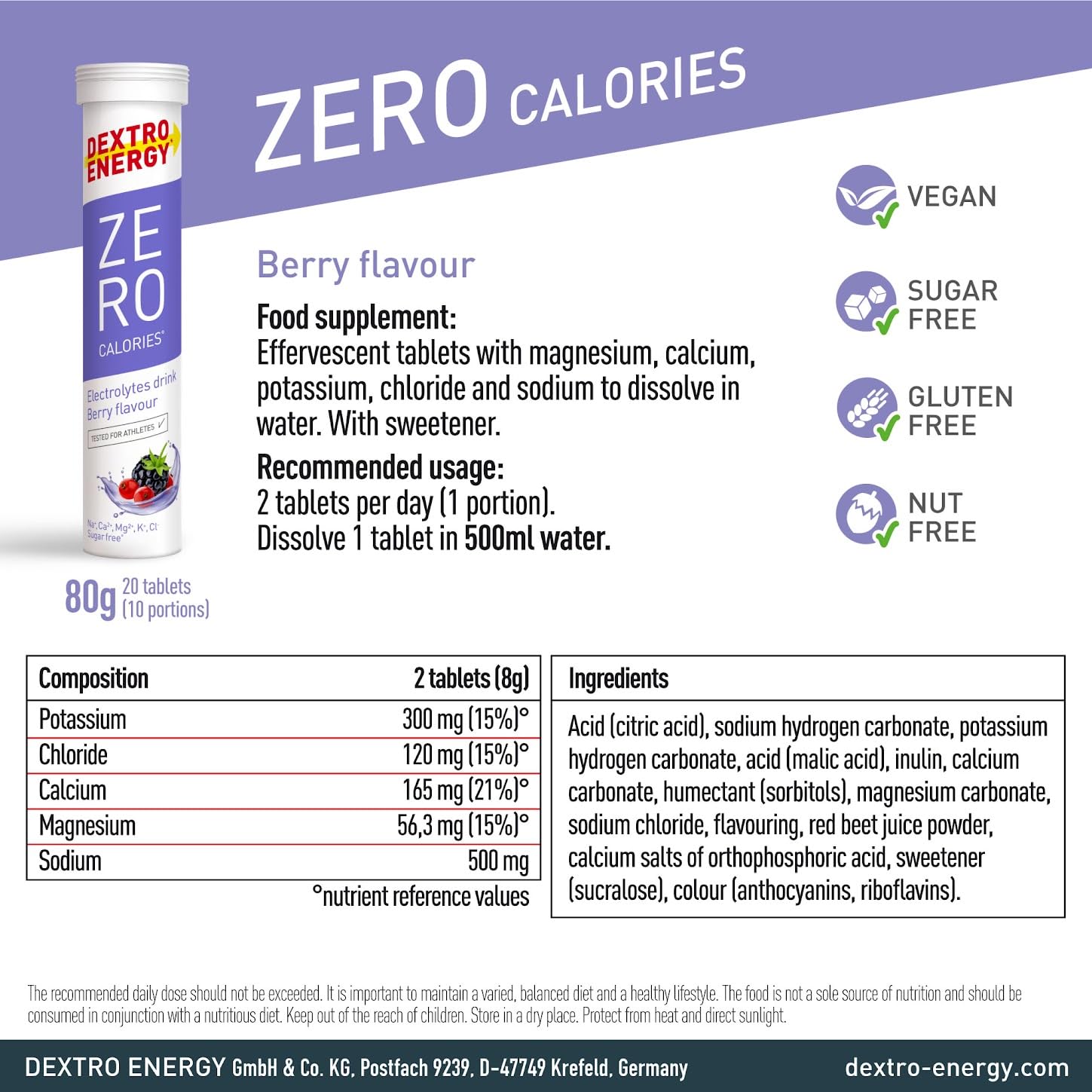 Dextro Energy Zero Calories I Recovery and Hydration Electrolyte Drink I Zero Effervescent Tablets I Berry | 3 Tubes, 60 Tablets | - BBE 05/2026