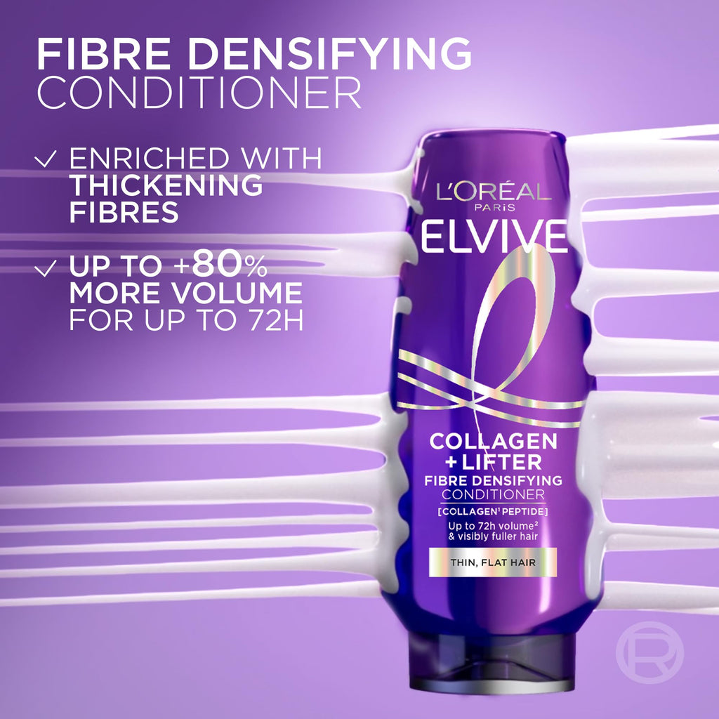 L'Oreal Paris Elvive Collagen + Lifter Conditioner - Fibre-Densifying Volume for Flat Thin Hair - 500ml with Peptides