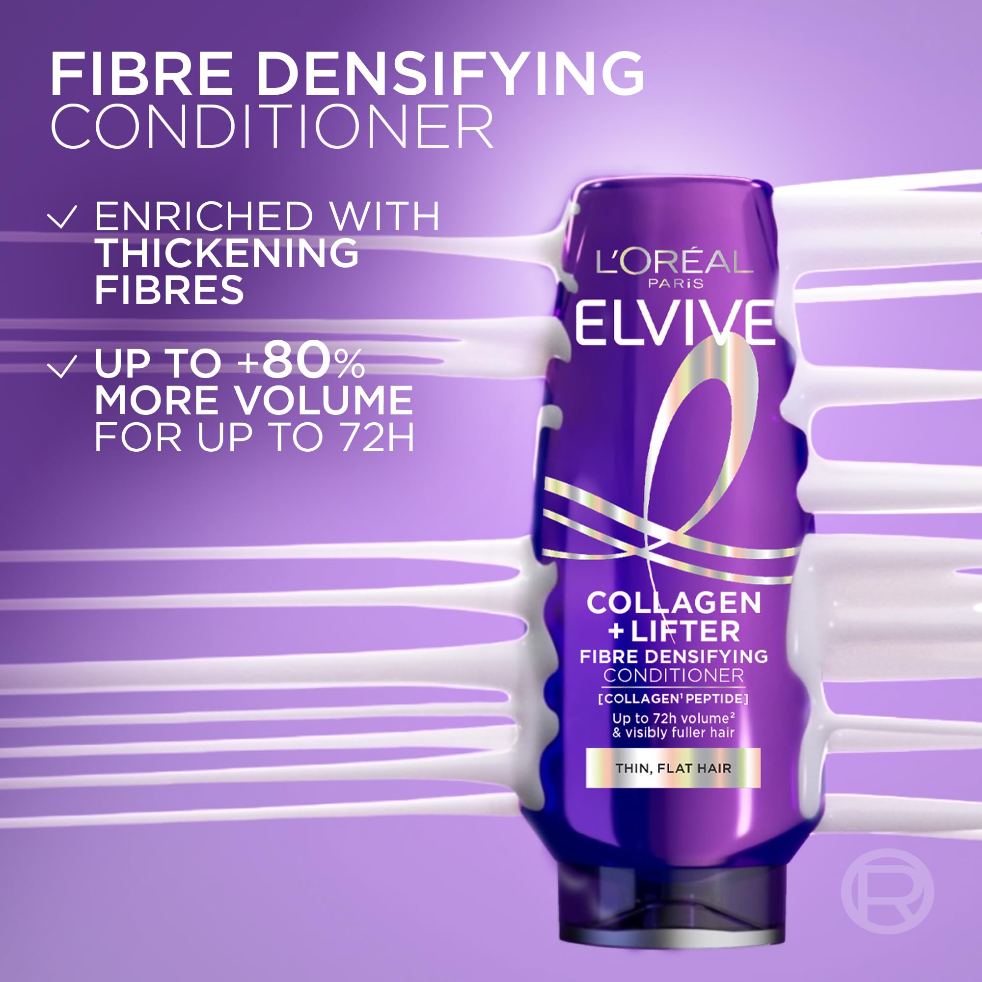 L'Oreal Paris Elvive Collagen + Lifter Conditioner - Fibre-Densifying Volume for Flat Thin Hair - 500ml with Peptides