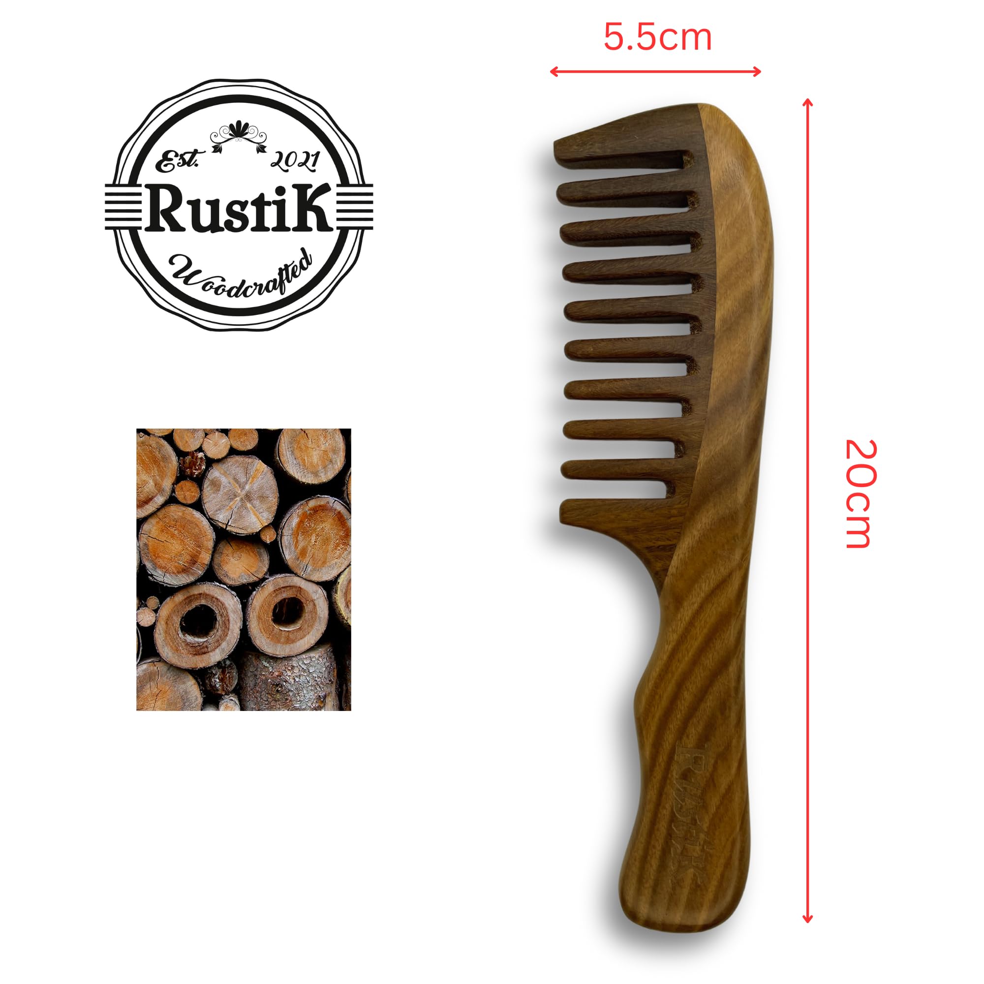 RustiK Sandalwood Wide Tooth Comb - Wooden, Anti-Static Detangling Hair Brush for Curls & Thick Hair - Damaged Box