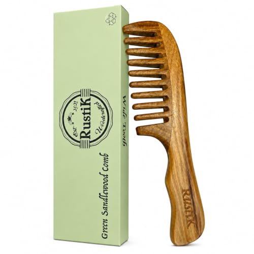 RustiK Sandalwood Wide Tooth Comb - Wooden, Anti-Static Detangling Hair Brush for Curls & Thick Hair - Damaged Box