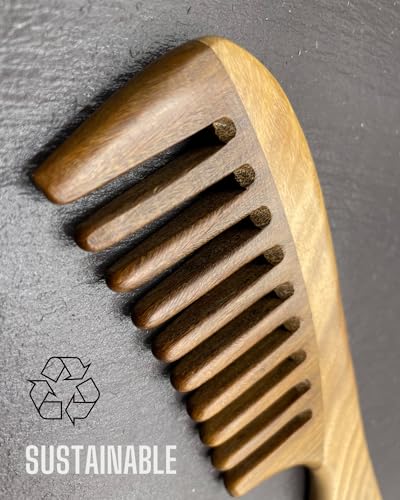 RustiK Sandalwood Wide Tooth Comb - Wooden, Anti-Static Detangling Hair Brush for Curls & Thick Hair - Damaged Box