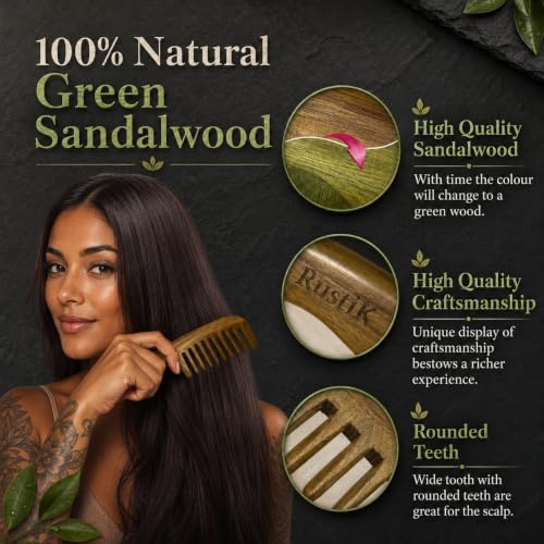 RustiK Sandalwood Wide Tooth Comb - Wooden, Anti-Static Detangling Hair Brush for Curls & Thick Hair - Damaged Box