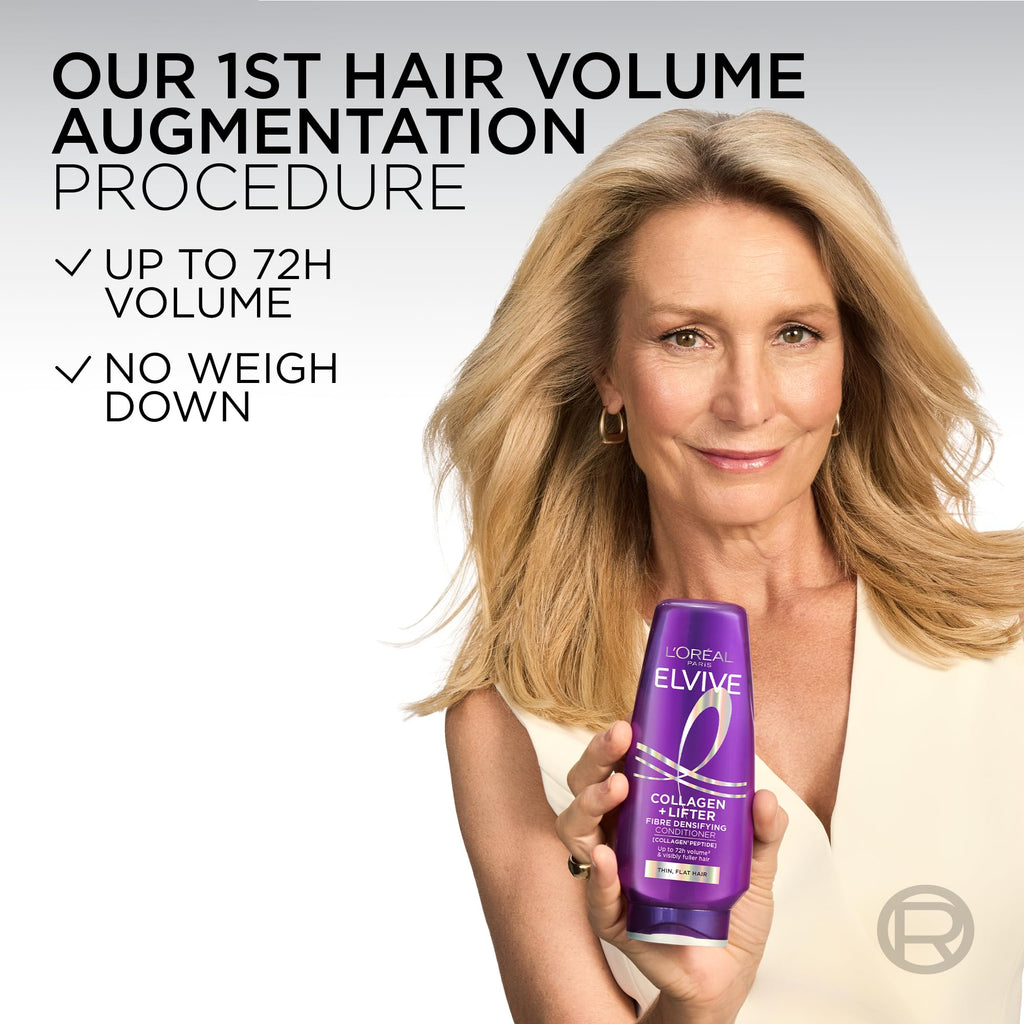 L'Oreal Paris Elvive Collagen + Lifter Conditioner - Fibre-Densifying Volume for Flat Thin Hair - 500ml with Peptides