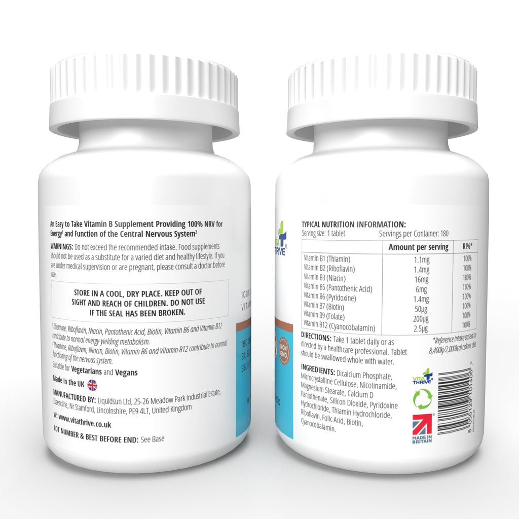 VitaThrive Vitamin B Complex Tablets - 180 Vegan Tablets for Energy, Cognitive Function, Nervous System & Wellness - BBE 11/2026