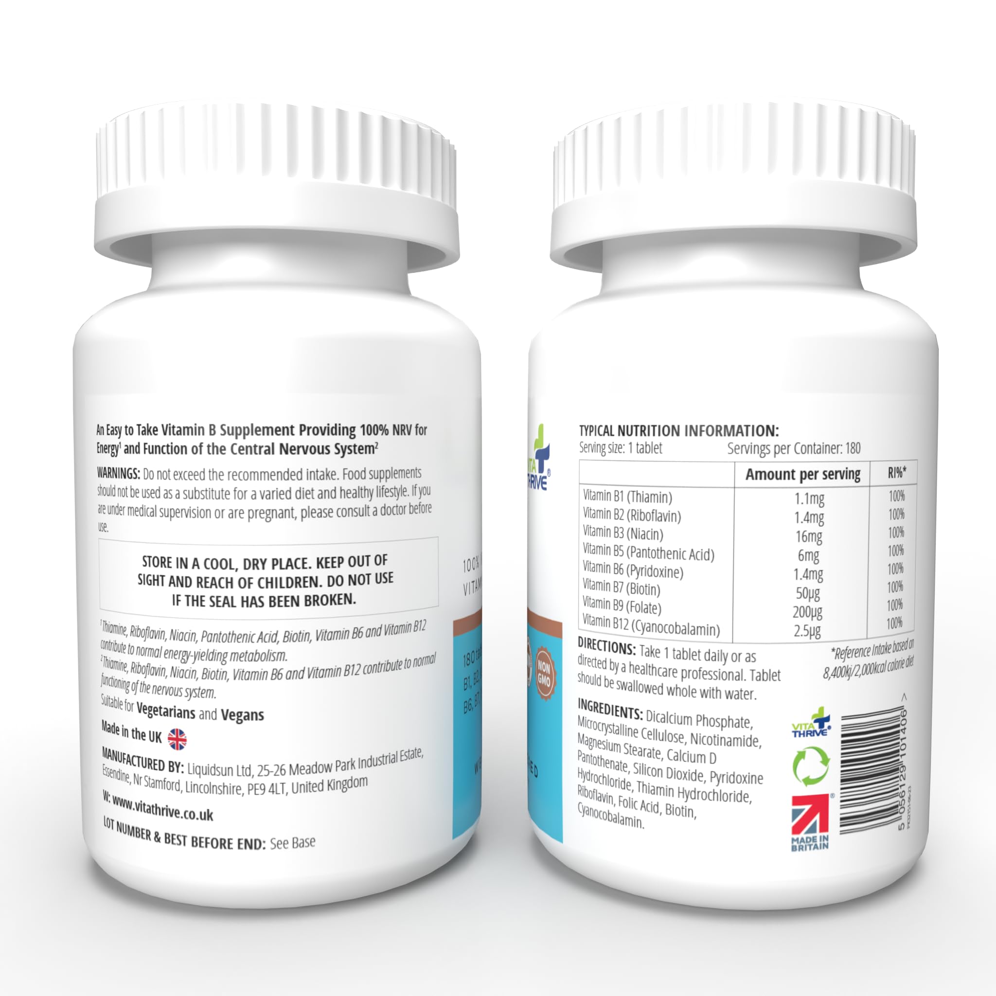 VitaThrive Vitamin B Complex Tablets - 180 Vegan Tablets for Energy, Cognitive Function, Nervous System & Wellness - BBE 11/2026