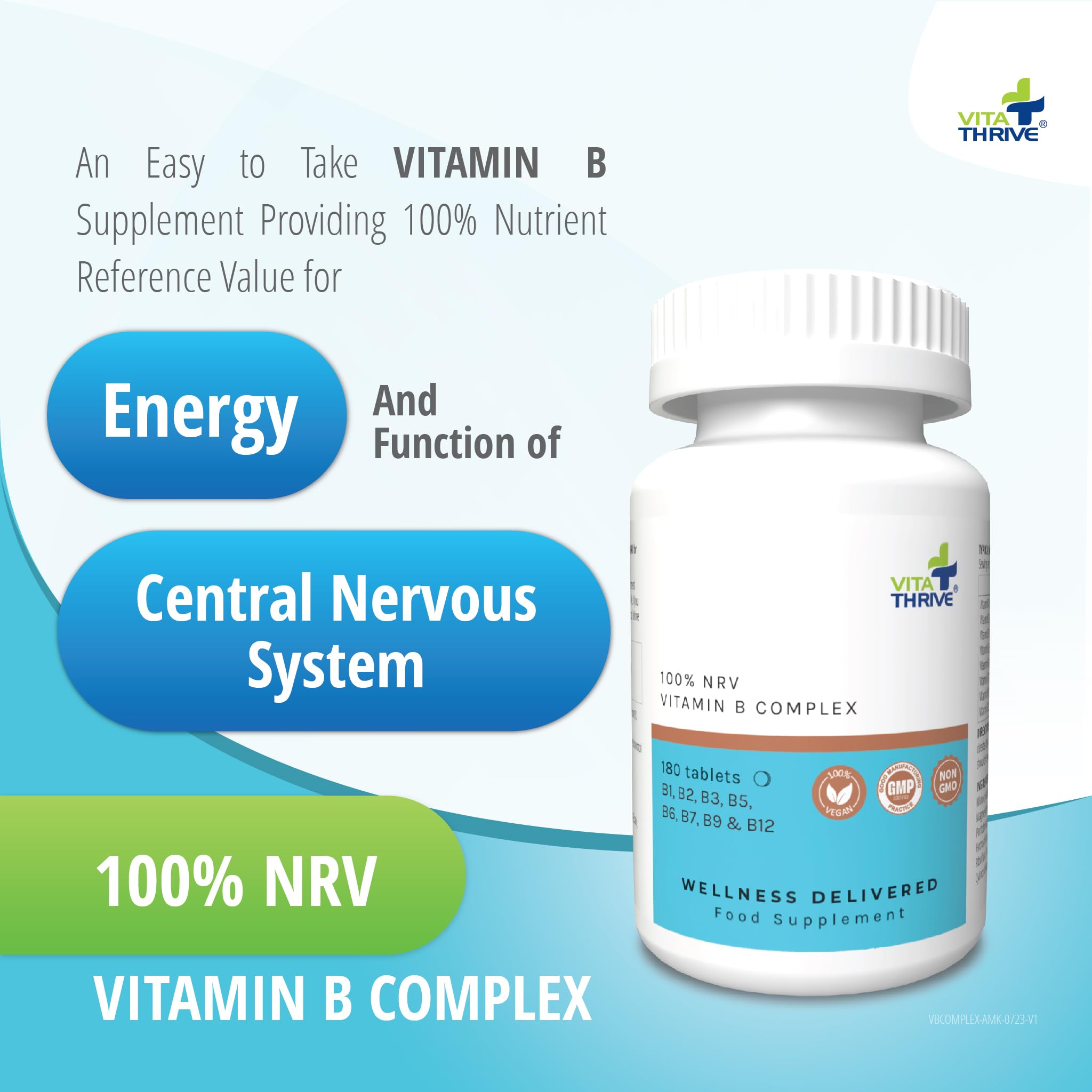 VitaThrive Vitamin B Complex Tablets - 180 Vegan Tablets for Energy, Cognitive Function, Nervous System & Wellness - BBE 11/2026