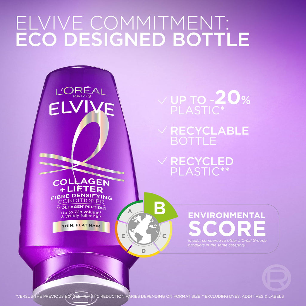 L'Oreal Paris Elvive Collagen + Lifter Conditioner - Fibre-Densifying Volume for Flat Thin Hair - 500ml with Peptides