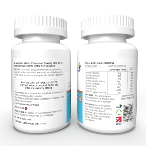 VitaThrive Vitamin B Complex Tablets - 180 Vegan Tablets for Energy, Cognitive Function, Nervous System & Wellness - BBE 11/2026