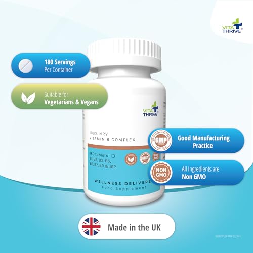 VitaThrive Vitamin B Complex Tablets - 180 Vegan Tablets for Energy, Cognitive Function, Nervous System & Wellness - BBE 11/2026