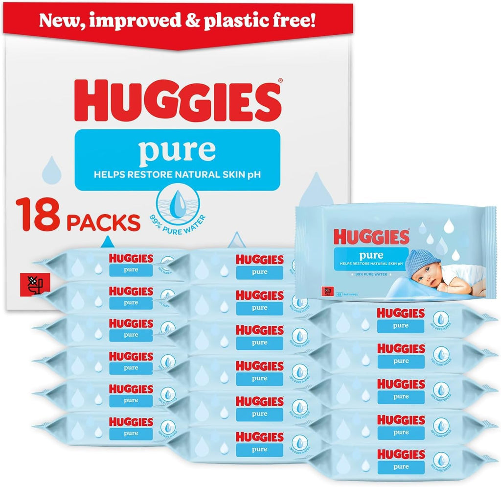 Huggies Pure Plastic Free Baby W Wipes - 18 Pack (864 Wipes) - 99% Water, Fragrance Free, Hypoallergenic, Soft & Gentle - Damaged Box