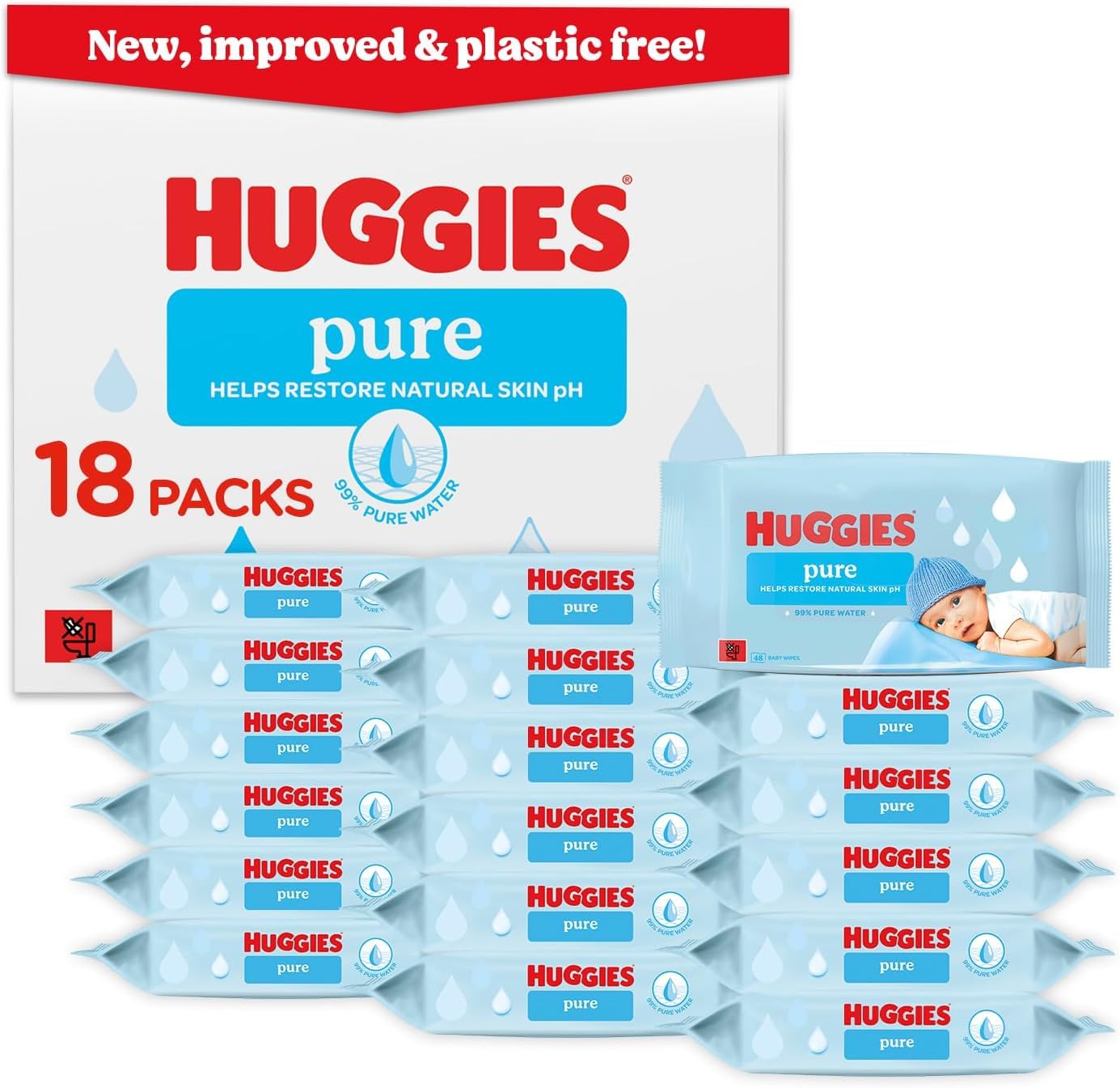 Huggies Pure Plastic Free Baby W Wipes - 18 Pack (864 Wipes) - 99% Water, Fragrance Free, Hypoallergenic, Soft & Gentle - Damaged Box